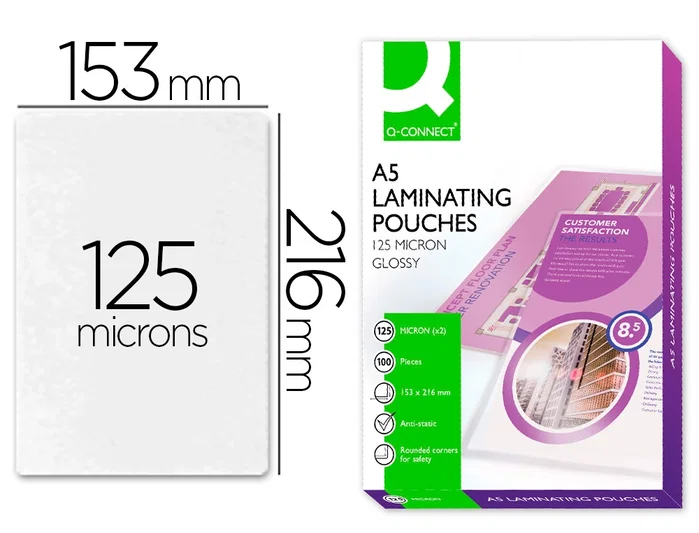 Q-connect Bolsa de plastificar A5 153 x 216 mm 125 mc (100 unidades) Q-connect Bolsa de plastificar A5 153 x 216 mm 125 mc (100 unidades)