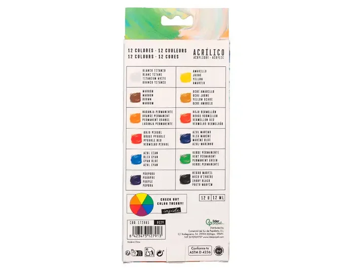 Liderpapel Pintura Acrílica Caja de 12 Tubos de 12 ml Colores Surtidos