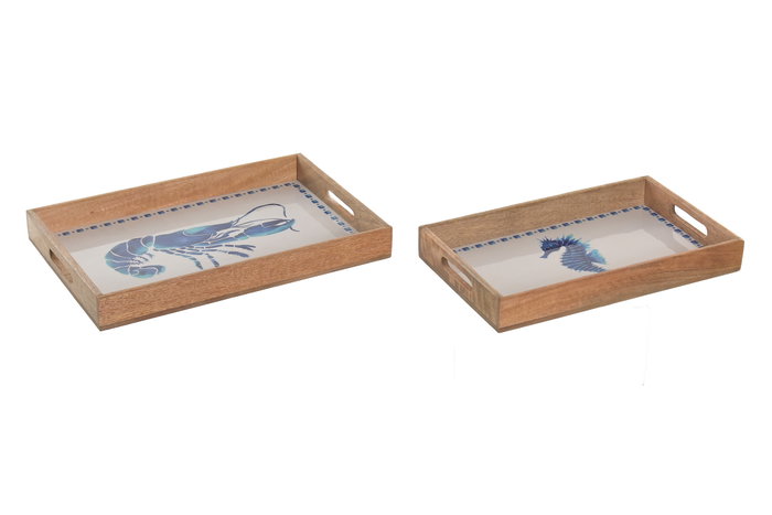 DKD Home Decor Set de 2 Bandejas de Mango con Detalles de Langosta y Acabado Lacado 43,5x27x5,5 cm