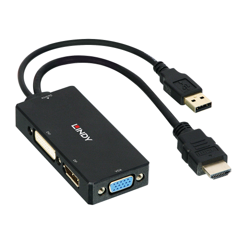 Lindy 38182 Adaptador HDMI a DisplayPort, DVI y VGA, 4K, Negro