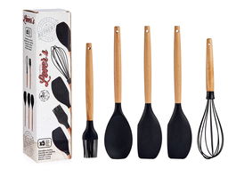 Kinvara Set 5 Utensilios Cocina Silicona con Mango de Madera Haya Negro - Incluye Batidora, Pincel, Cuchara y Cuchillo - 33 cm de Alto (Set de 24)