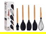 Kinvara Set 5 Utensilios Cocina Silicona con Mango de Madera Haya Negro - Incluye Batidora, Pincel, Cuchara y Cuchillo - 33 cm de Alto (Set de 24)