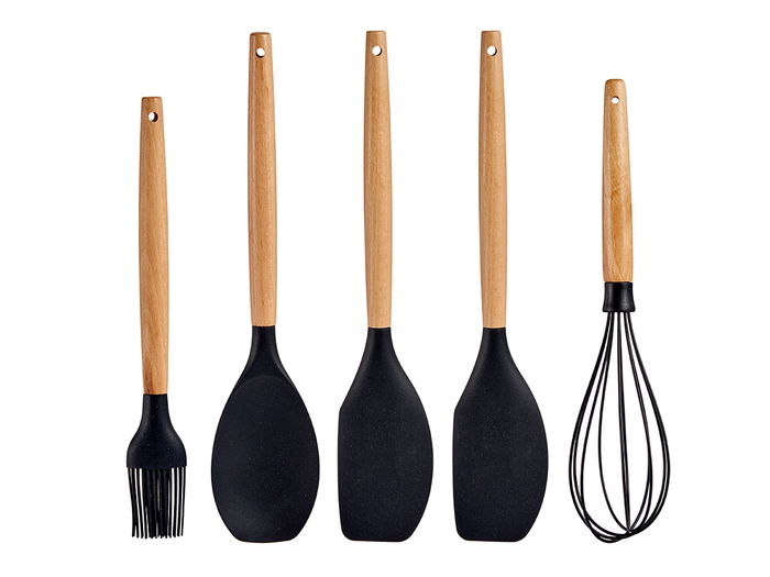 Kinvara Set 5 Utensilios Cocina Silicona con Mango de Madera Haya Negro - Incluye Batidora, Pincel, Cuchara y Cuchillo - 33 cm de Alto (Set de 24)