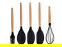 Kinvara Set 5 Utensilios Cocina Silicona con Mango de Madera Haya Negro - Incluye Batidora, Pincel, Cuchara y Cuchillo - 33 cm de Alto (Set de 24)