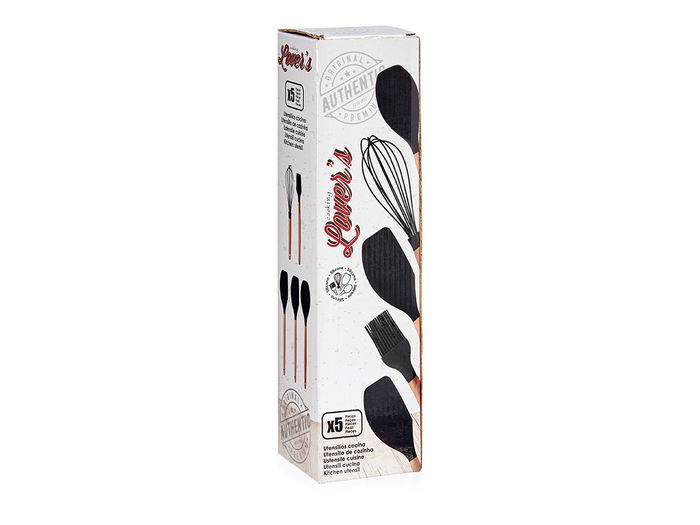 Kinvara Set 5 Utensilios Cocina Silicona con Mango de Madera Haya Negro - Incluye Batidora, Pincel, Cuchara y Cuchillo - 33 cm de Alto (Set de 24)