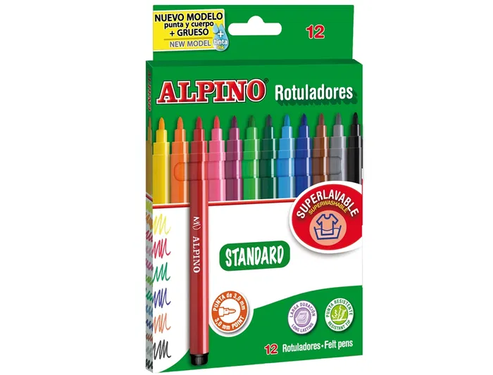Alpino Rotuladores Standard Caja de 12 Unidades Colores Surtidos Punta Fina 3mm Superlavables Larga Duración Muy Resistentes y Brillantes