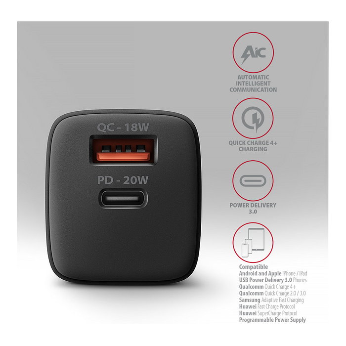 Axagon ACU-PQ20 Cargador de Pared 20 W QC3.0/AFC/FCP + PD USB-C Negro Axagon ACU-PQ20 Cargador de Pared 20 W QC3.0/AFC/FCP + PD USB-C Negro