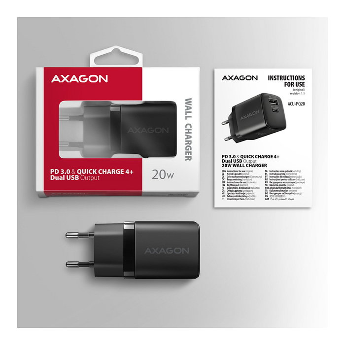Axagon ACU-PQ20 Cargador de Pared 20 W QC3.0/AFC/FCP + PD USB-C Negro Axagon ACU-PQ20 Cargador de Pared 20 W QC3.0/AFC/FCP + PD USB-C Negro