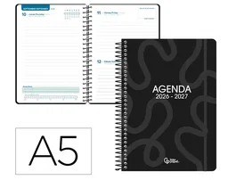 Liderpapel Agenda Escolar 2026-2027 Espiral Classic Día Página A5 Bilingüe Negro - Papel FSC 70g, Simply Interior, Calendario Bianual
