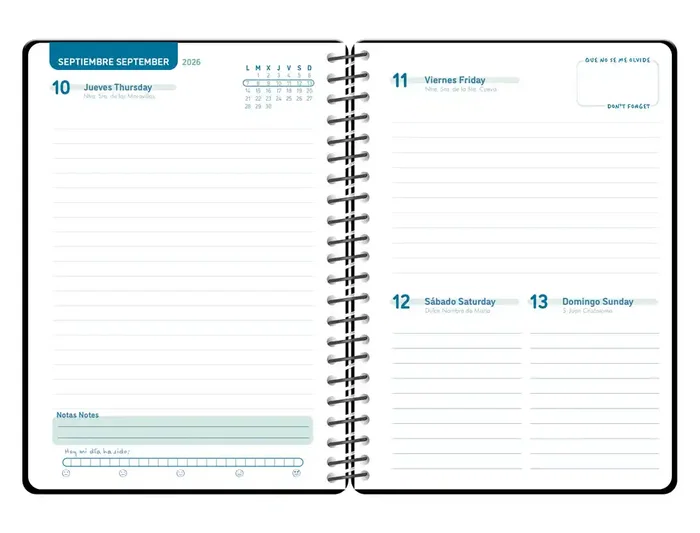 Liderpapel Agenda Escolar 2026-2027 Espiral Classic Día Página A5 Bilingüe Negro - Papel FSC 70g, Simply Interior, Calendario Bianual