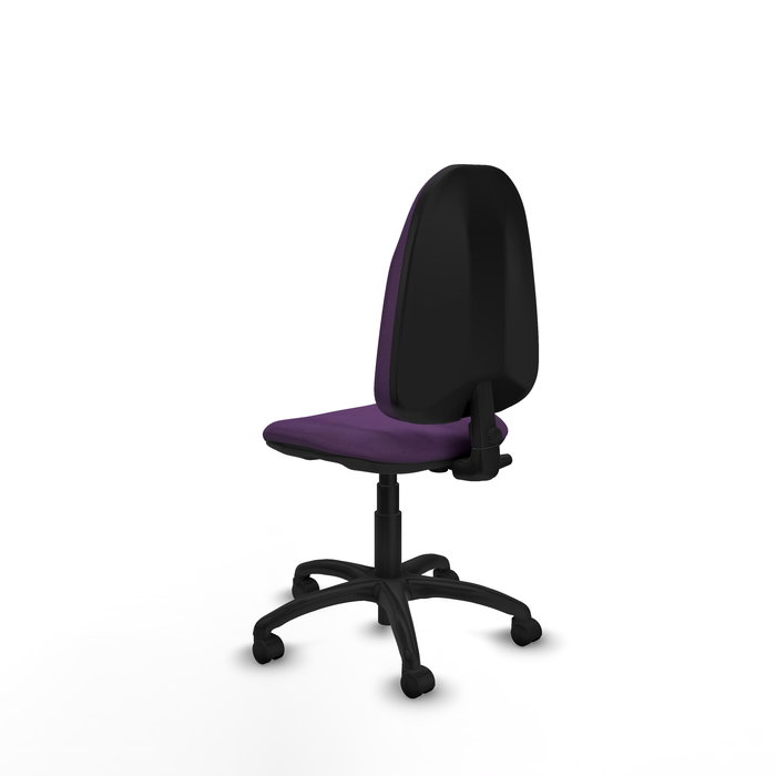 Silla de oficina Algarra con mecanismo Contacto permanente básico tapizada con Tela color Morado. Equipada con Base poliamida negra, Sin brazos y Ruedas de nailon 50 mm