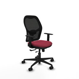 Silla de oficina Jorquera con mecanismo Sincro/Traslack tapizada con Tela color Granate y malla color Negro. Equipada con lumbar 1D, Brazos 1D y Ruedas 65mm nailon