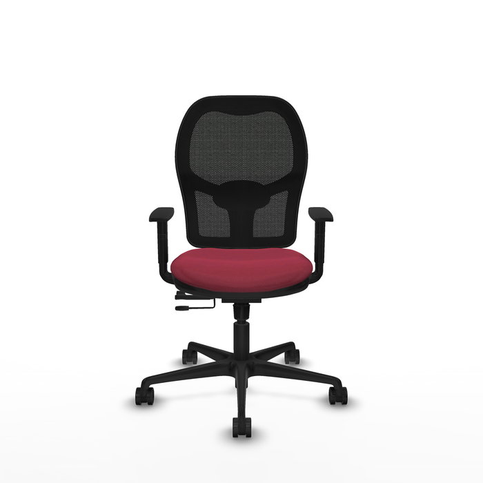 Silla de oficina Jorquera con mecanismo Sincro/Traslack tapizada con Tela color Granate y malla color Negro. Equipada con lumbar 1D, Brazos 1D y Ruedas 65mm nailon
