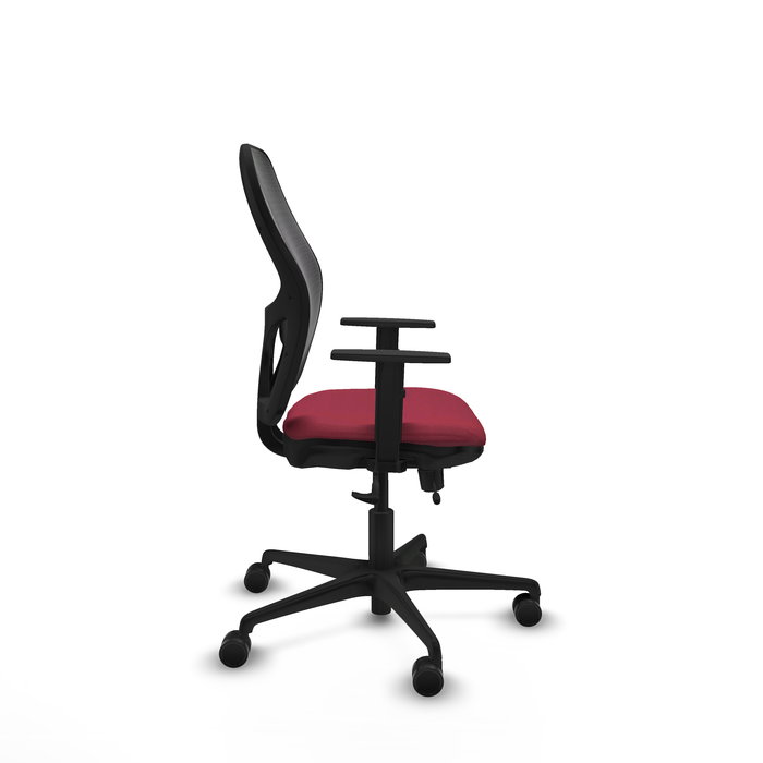 Silla de oficina Jorquera con mecanismo Sincro/Traslack tapizada con Tela color Granate y malla color Negro. Equipada con lumbar 1D, Brazos 1D y Ruedas 65mm nailon