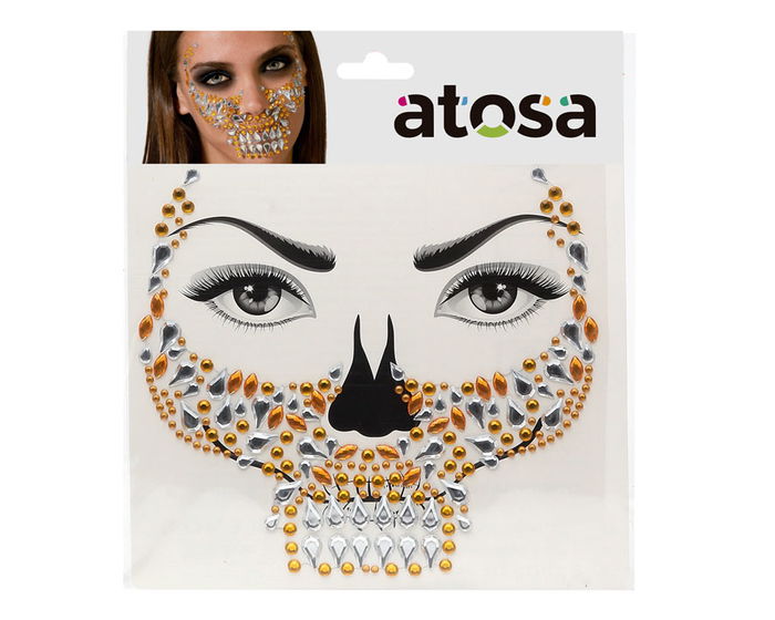 Joyas Faciales Adhesivas Calavera Dorado y Plata para Día de los Muertos Halloween Carnaval