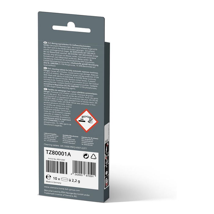 Siemens TZ80001A Tableta de Limpieza para Lavavajillas, Paquete de 10 Tabletas, Detergente en Pastillas Alemán