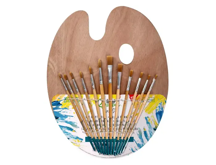 Liderpapel Pinceles Sinteticos Pack 12 Unidades con Puntas y Tamaños Surtidos + Paleta de Madera