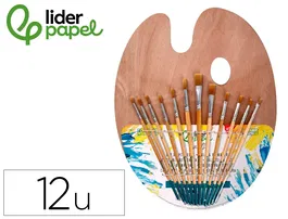 Liderpapel Pinceles Sinteticos Pack 12 Unidades con Puntas y Tamaños Surtidos + Paleta de Madera