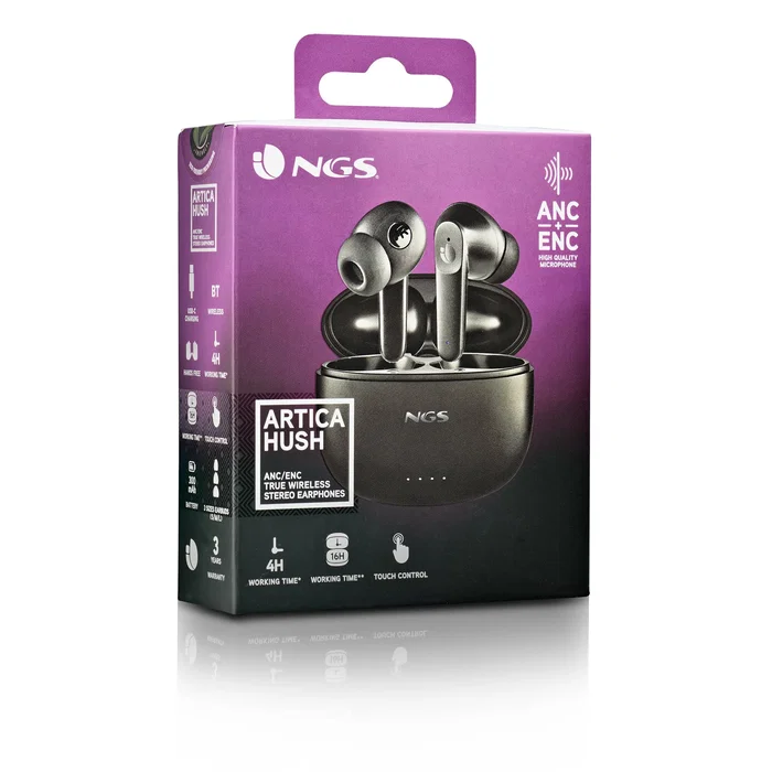 Ngs Artica Hush Auriculares Inalámbricos Bluetooth 5.3 con ANC, Autonomía 28h Total, Carga USB-C, Control Táctil, Negro