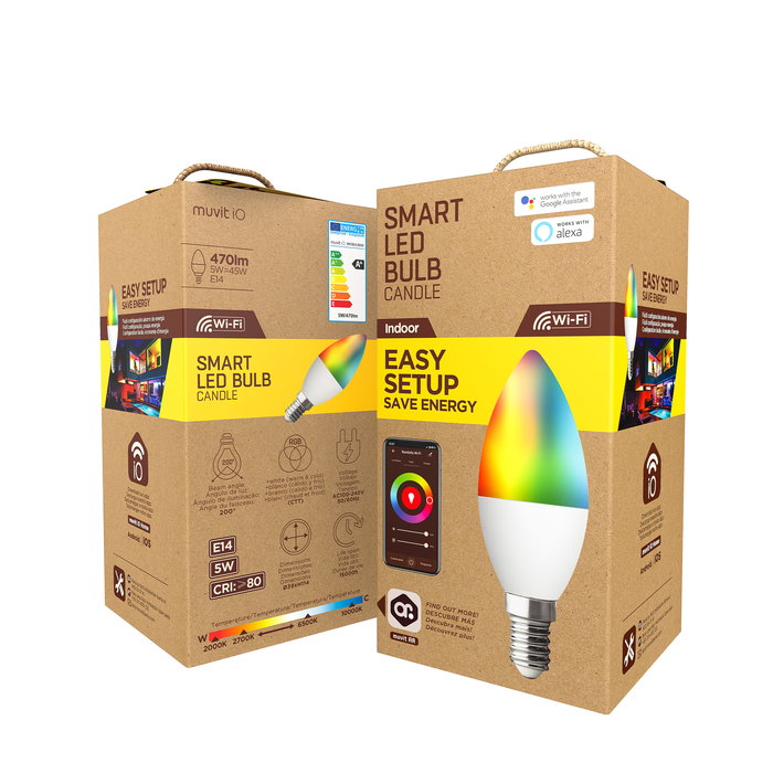 Muvit Bombilla Inteligente Globo E14 5W RGB WiFi Compatible con Alexa y Google Home Multicolor y Blanca Regulable