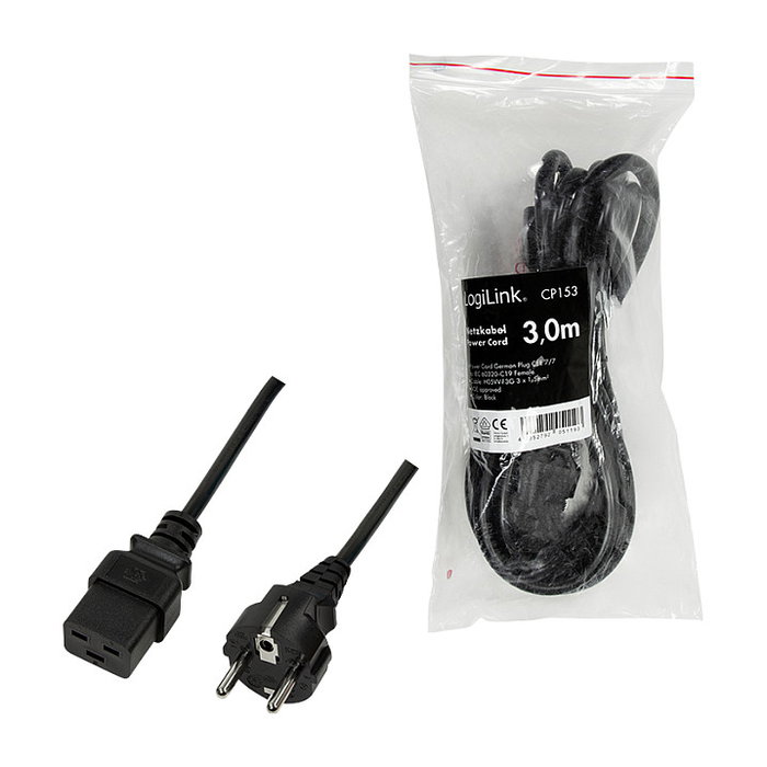LOGILINK Cable de alimentación CEE 7/7 a IEC C19, 3 m, negro