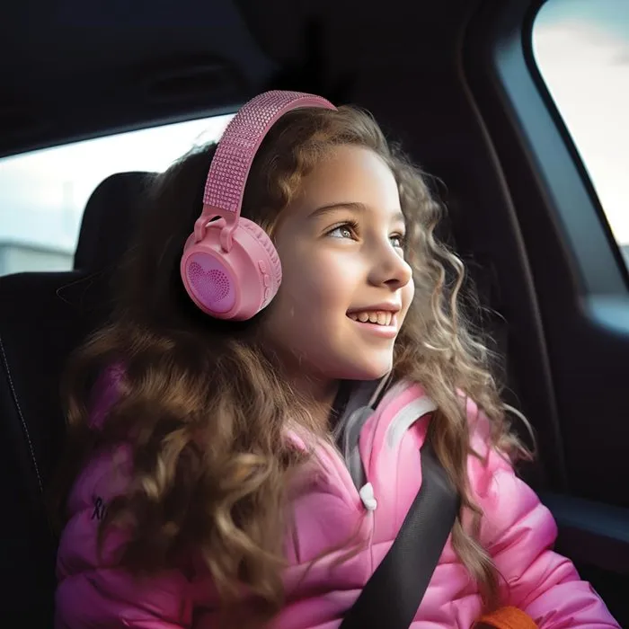 Lexibook Auriculares Plegables Bluetooth y Cable LEX3380743119267, con Iluminación y Diseño 3D de Diamantes Rosas, Limitador de Volumen