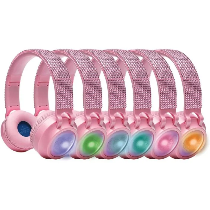 Lexibook Auriculares Plegables Bluetooth y Cable LEX3380743119267, con Iluminación y Diseño 3D de Diamantes Rosas, Limitador de Volumen