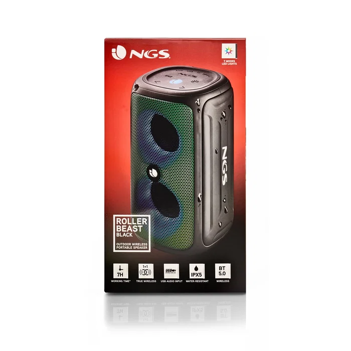 NGS Roller Beast Altavoz Portátil Bluetooth 5.0, 32W, Resistente al Agua IPX5, Luces RGB, Radio FM, USB/TF, Auxiliar, 6000mAh, Color Negro