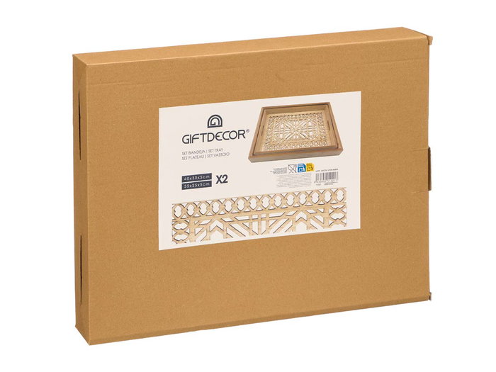 Giftdecor Set 2 Bandejas Rectangulares Prisma Madera y Vidrio Transparente 40x30x5 cm (Set de 6)