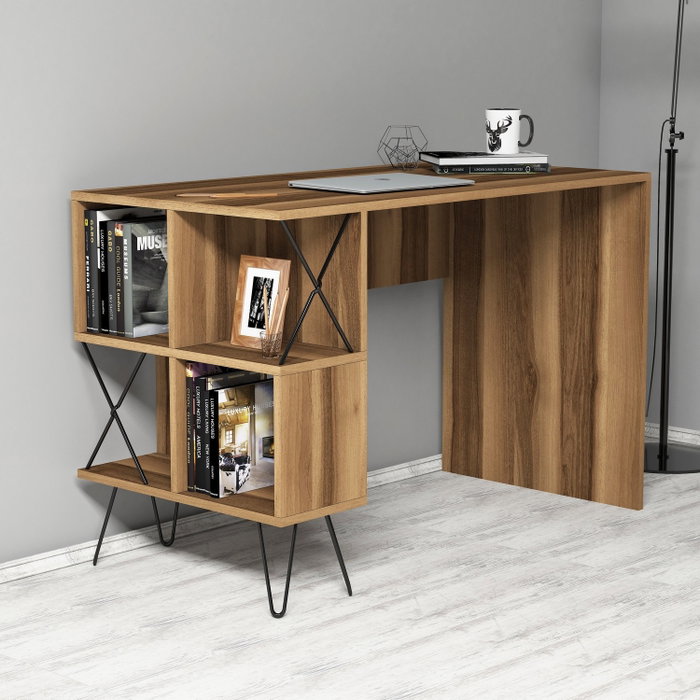 Hanah Home Mesa de Estudio Moderna Nogal y Negro con Estantes para Espacio de Trabajo y Estudio Hanah Home Mesa de Estudio Moderna Nogal y Negro con Estantes para Espacio de Trabajo y Estudio