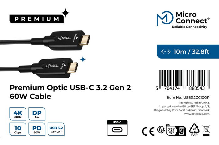MicroConnect Cable USB-C a USB-C Premium 10m 60W 10Gbps 4K60Hz Negro