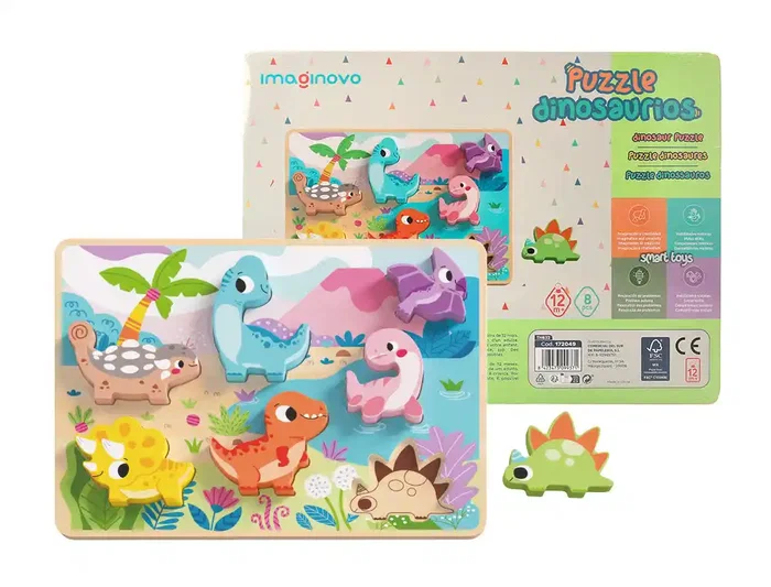 Imaginovo Puzle Infantil Madera 3D Dinosaurios +12 Meses 8 Piezas 29,5x22x1,7cm