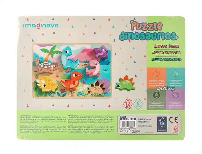 Imaginovo Puzle Infantil Madera 3D Dinosaurios +12 Meses 8 Piezas 29,5x22x1,7cm