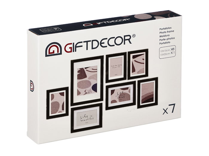 Giftdecor Set 7 Portafotos Mural Negro 35x25x6cm, Madera Eucalipto, Portafotos 13x18cm, 15x20cm, 21x30cm (Set de 6)