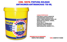 Kolman Pintura Antihumos, Antimanchas y Grasa al Agua Blanca 750 ml