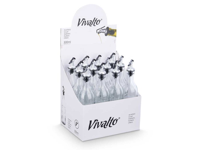 Vivalto Aceitera Redonda 500ml con Relieve Vidrio y Plástico, Transparente, 6.5x29x6.5 cm (Set de 24)