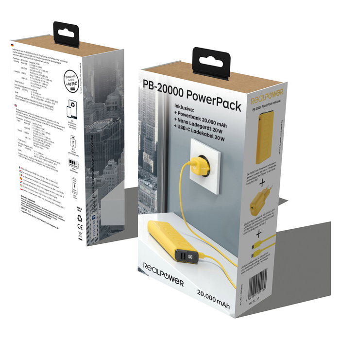 Ultron PB-20000 Powerbank 20000 mAh Amarillo con Carga Rápida PD 20W y 3 Puertos (USB-C, Micro USB, 2x USB-A) - Realpower