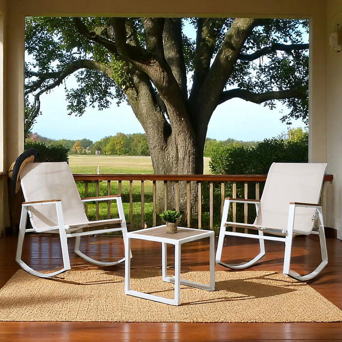 Home Deco Factory Conjunto de Jardín 3 Piezas Capri - 2 Butacas Mecedoras y Mesa Baja de Metal Epoxi y Plástico Resistente