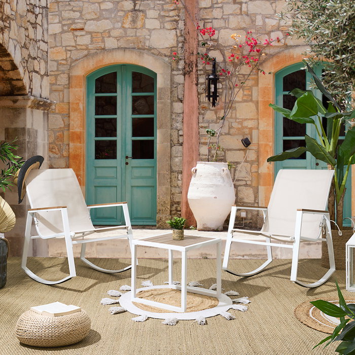 Home Deco Factory Conjunto de Jardín 3 Piezas Capri - 2 Butacas Mecedoras y Mesa Baja de Metal Epoxi y Plástico Resistente