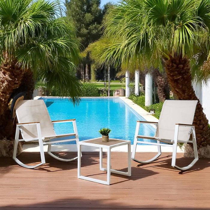 Home Deco Factory Conjunto de Jardín 3 Piezas Capri - 2 Butacas Mecedoras y Mesa Baja de Metal Epoxi y Plástico Resistente