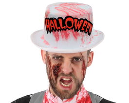 Sombrero De Copa Blanco Con Manchas De Sangre Y Letras Halloween