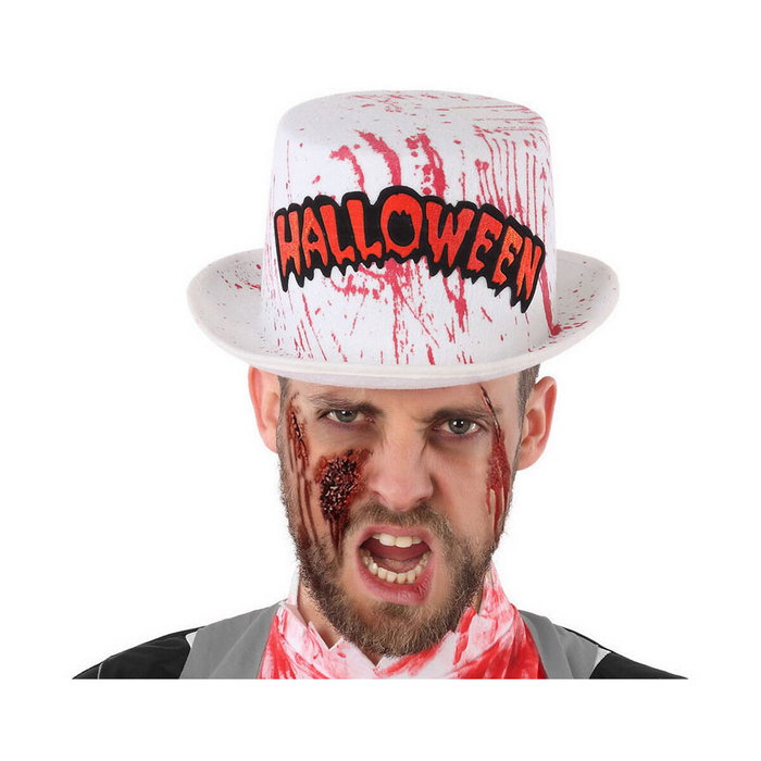 Disfraz Sombrero de Copa Blanco con Manchas de Sangre y Letras Halloween - Accesorio para Fiestas Temáticas