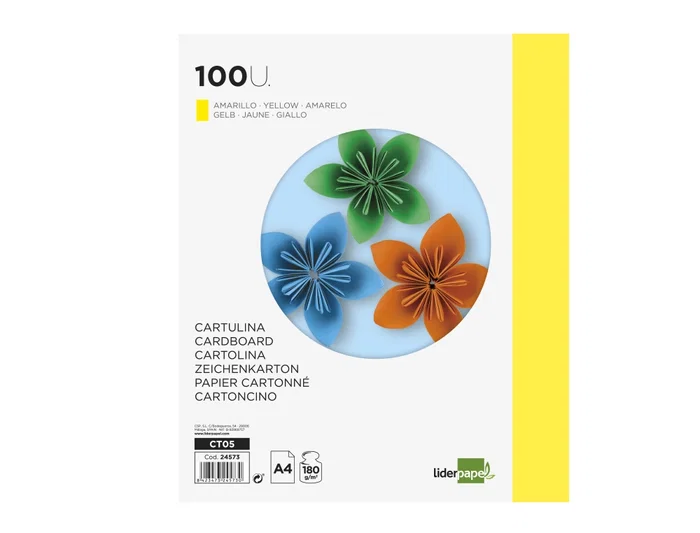 Liderpapel Cartulina A4 180g/m2 Amarillo Paquete de 100 Hojas