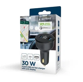 Gembird TA-UC-AC2PD30LCD-CAR-01 - Cargador Rápido Coche 30W con 2 Puertos USB-C/USB-A PD QC 3.0, Pantalla LCD, Negro