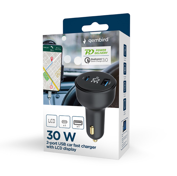 GEMBIRD TA-UC-AC2PD30LCD-CAR-01 Cargador de Coche USB-C Carga Rápida Universal Negro GEMBIRD TA-UC-AC2PD30LCD-CAR-01 Cargador de Coche USB-C Carga Rápida Universal Negro