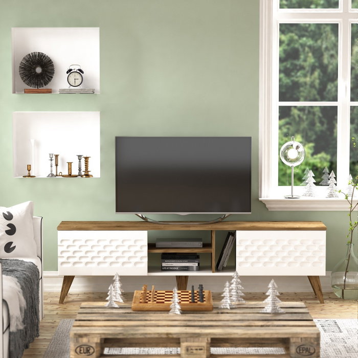 Hanah Home Soporte TV Blanco y Nogal moderno 180x53x35 cm con amplio almacenamiento, diseño de color sólido y concepto novedoso