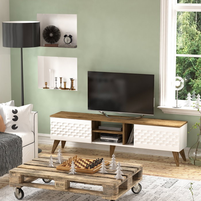 Hanah Home Soporte TV Blanco y Nogal moderno 180x53x35 cm con amplio almacenamiento, diseño de color sólido y concepto novedoso