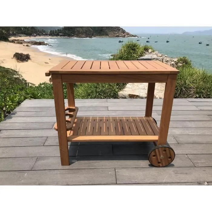 Carrito de Jardín de Eucalipto FSC 91.8x49.9x74cm con Soporte para Botellas, 2 Ruedas y Estante Retráctil