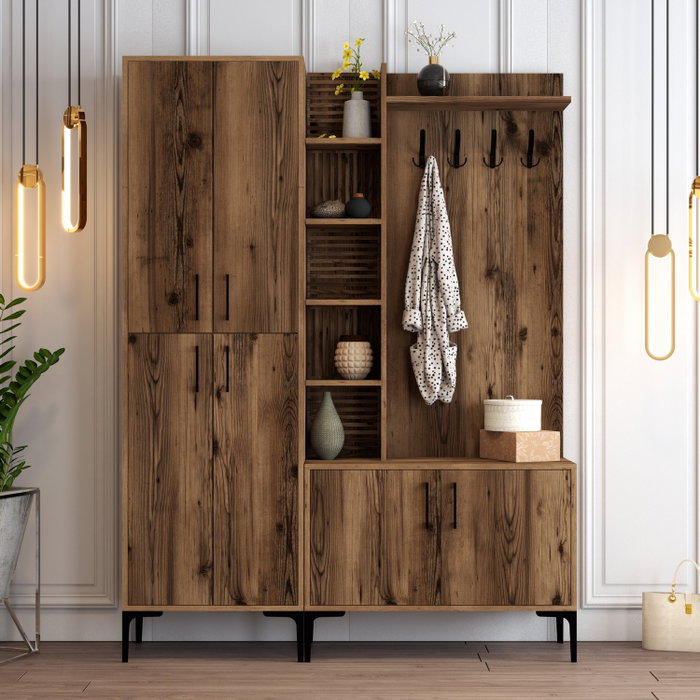 Hanah Home Viyana DA Soporte de Pasillo Industrial de Madera Color Nogal con Estantes y Armarios para Organización del Hogar 150x35x200cm