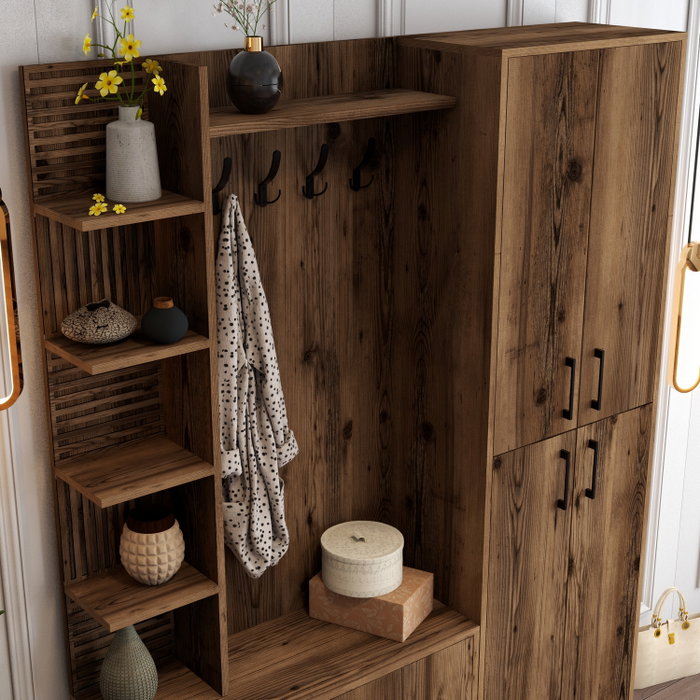 Hanah Home Viyana DA Soporte de Pasillo Industrial de Madera Color Nogal con Estantes y Armarios para Organización del Hogar 150x35x200cm